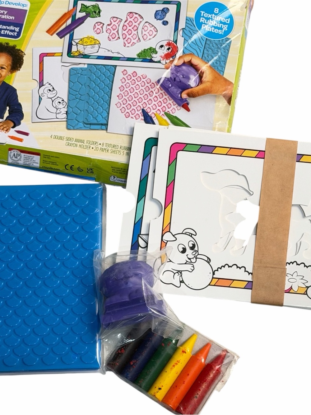 Kids Textured Rubbing Art Kit with Blue Texture Plate and Multicolor Crayons